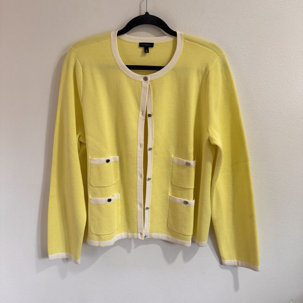 Talbots Sweater Cardigan XL Yellow White Trim Pockets Preppy Stretch Knit